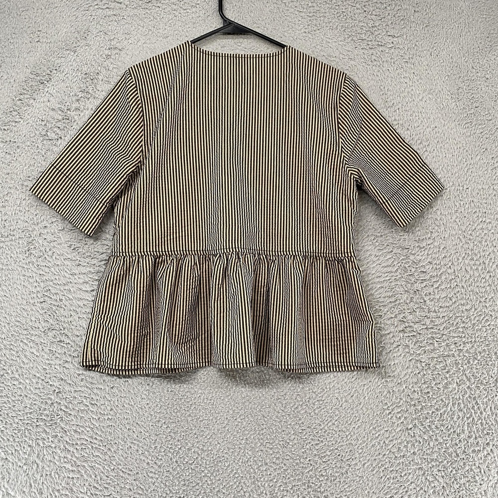 Ganni Seersucker Tie Top Womens 38 Striped Peplum Bow Ruffle Short Sleeve Beige - Picture 9 of 13